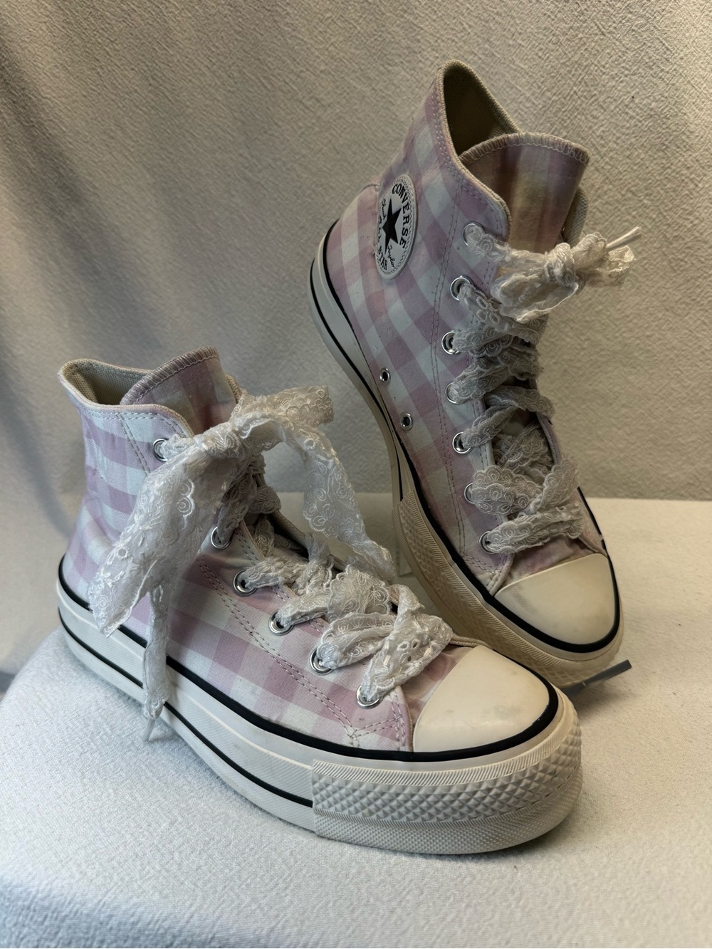 Converse Chuck Taylor All Star Lift Platform High Pink & White Gingham Sneakers - Picture 1 of 8